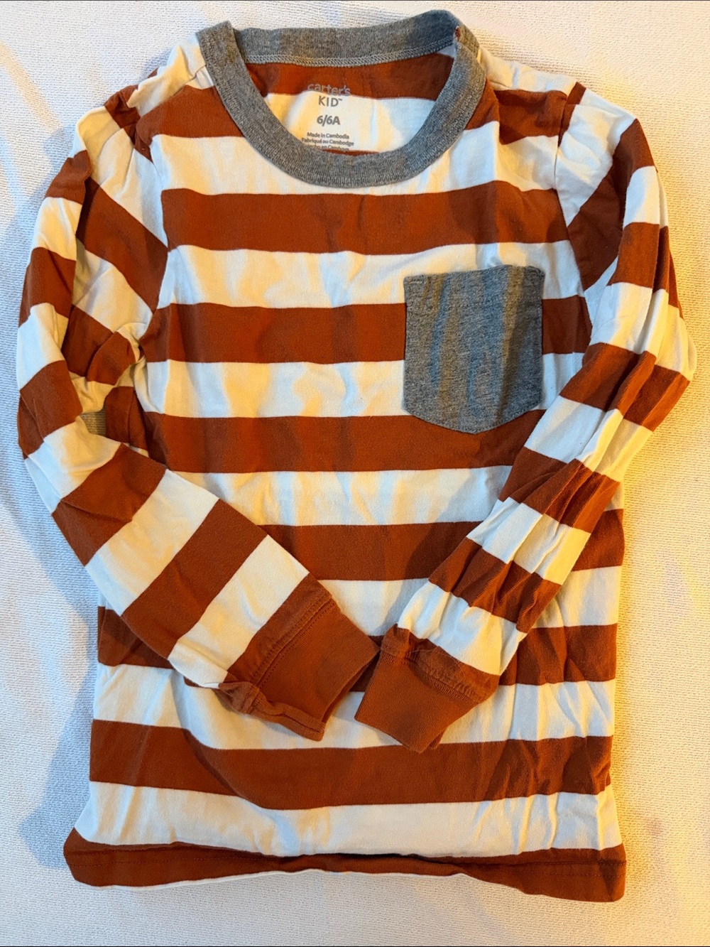 Carter's Rust and Cream Striped Long-Sleeve Tee with Gray Pocket